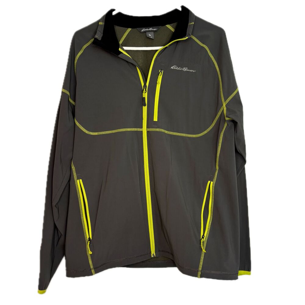 Eddie Bauer Mens M Gray Neon Full Zip Windbreaker Lightweight Hiking Rain Jacket